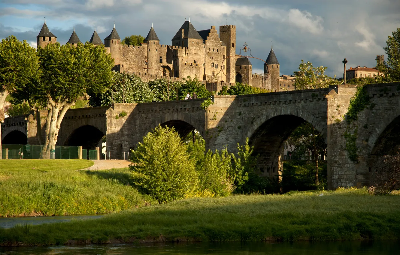 Photo wallpaper greens, summer, the sun, bridge, river, castle, France, fortress