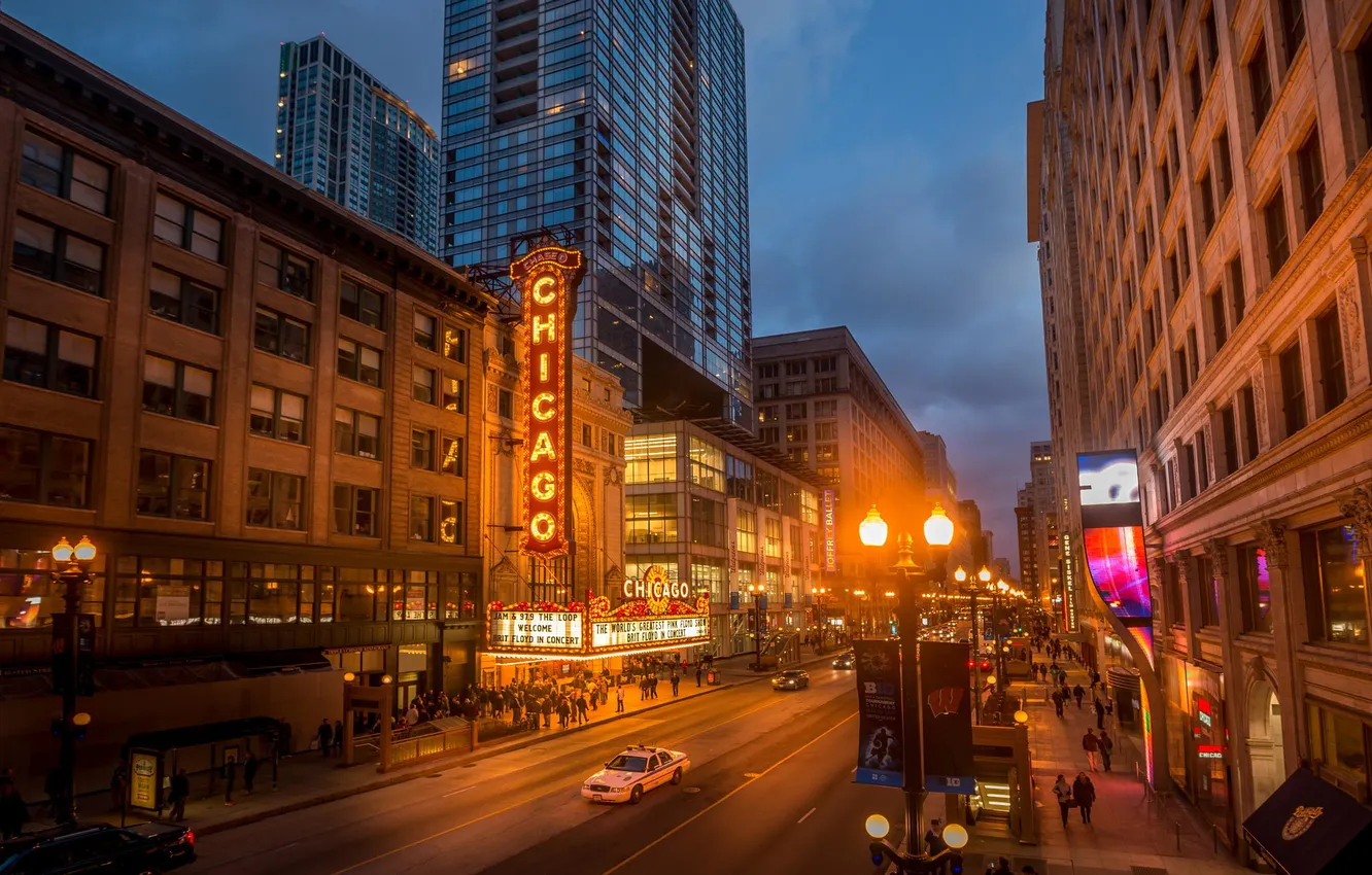 Photo wallpaper street, skyscrapers, the evening, Chicago, lights, USA, Chicago, Illinois