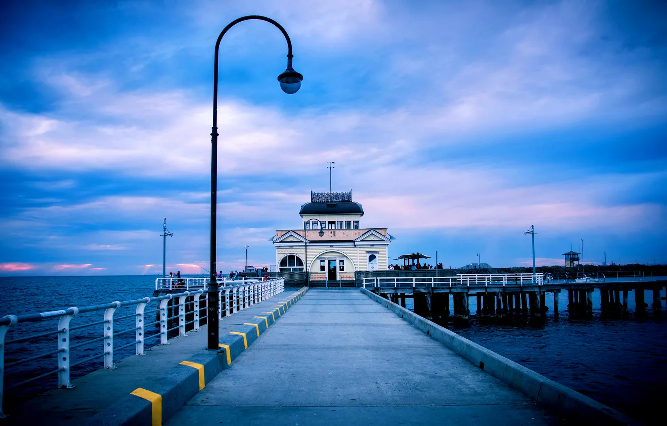 Photo wallpaper sea, the sky, clouds, the ocean, people, building, home, pierce