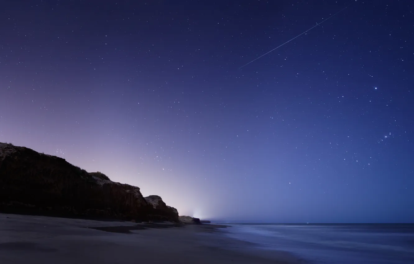 Photo wallpaper stars, the ocean, rocks, meteor, Orion