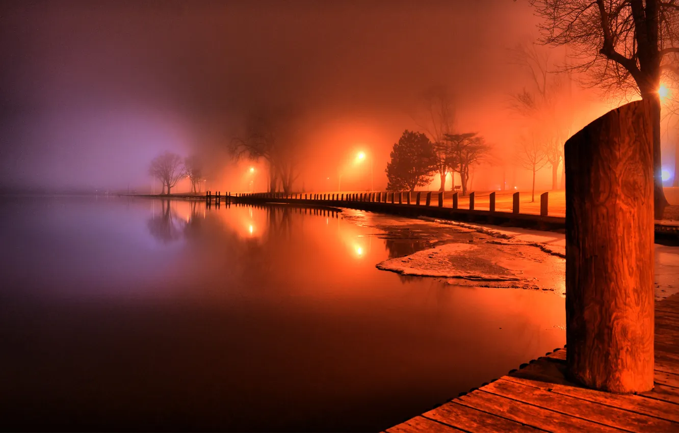 Photo wallpaper trees, lights, fog, lake, Board, post, the evening, lights