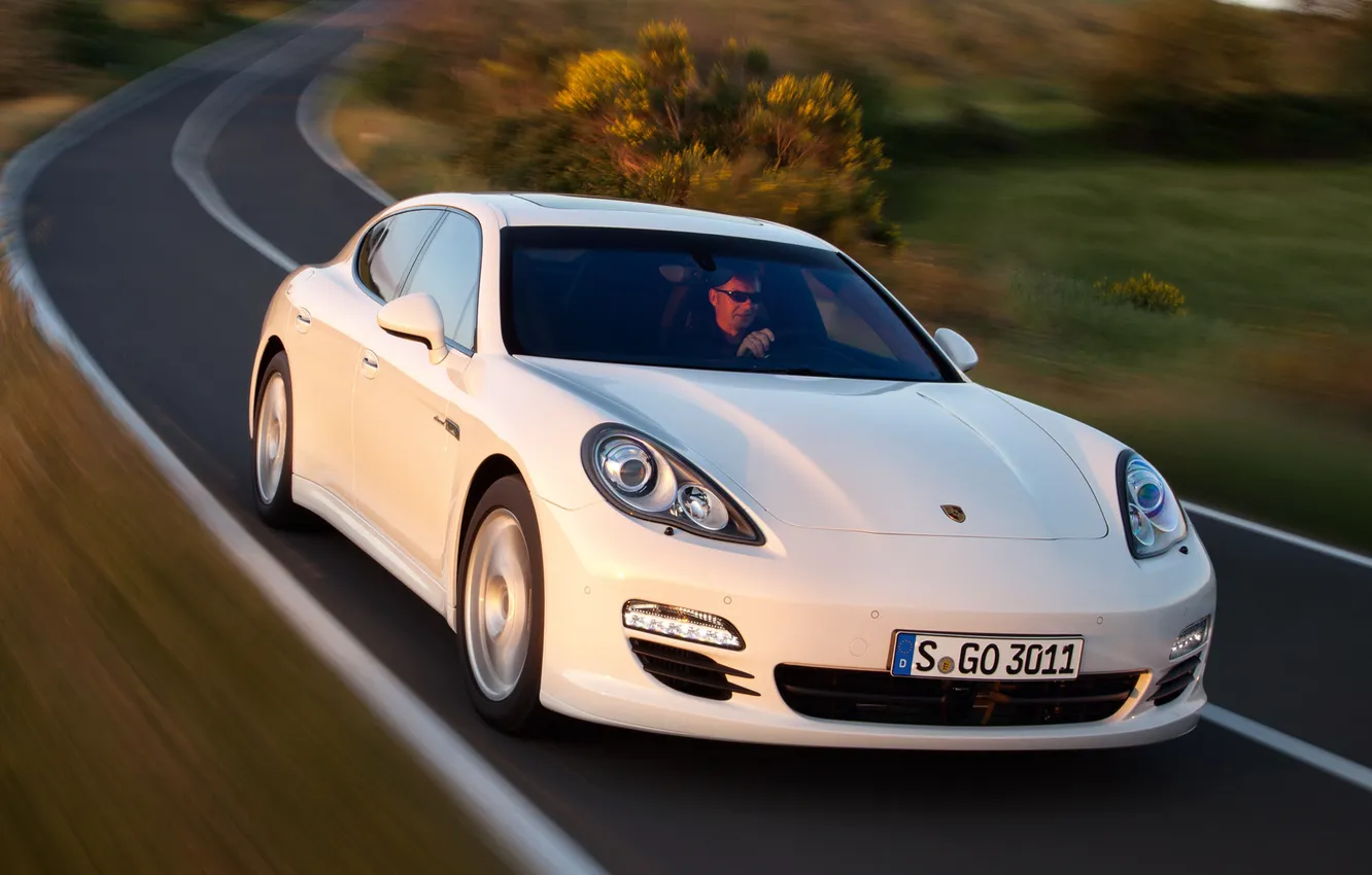 Photo wallpaper road, white, Porsche, Panamera, Porsche, the bushes, Panamera, Diesel