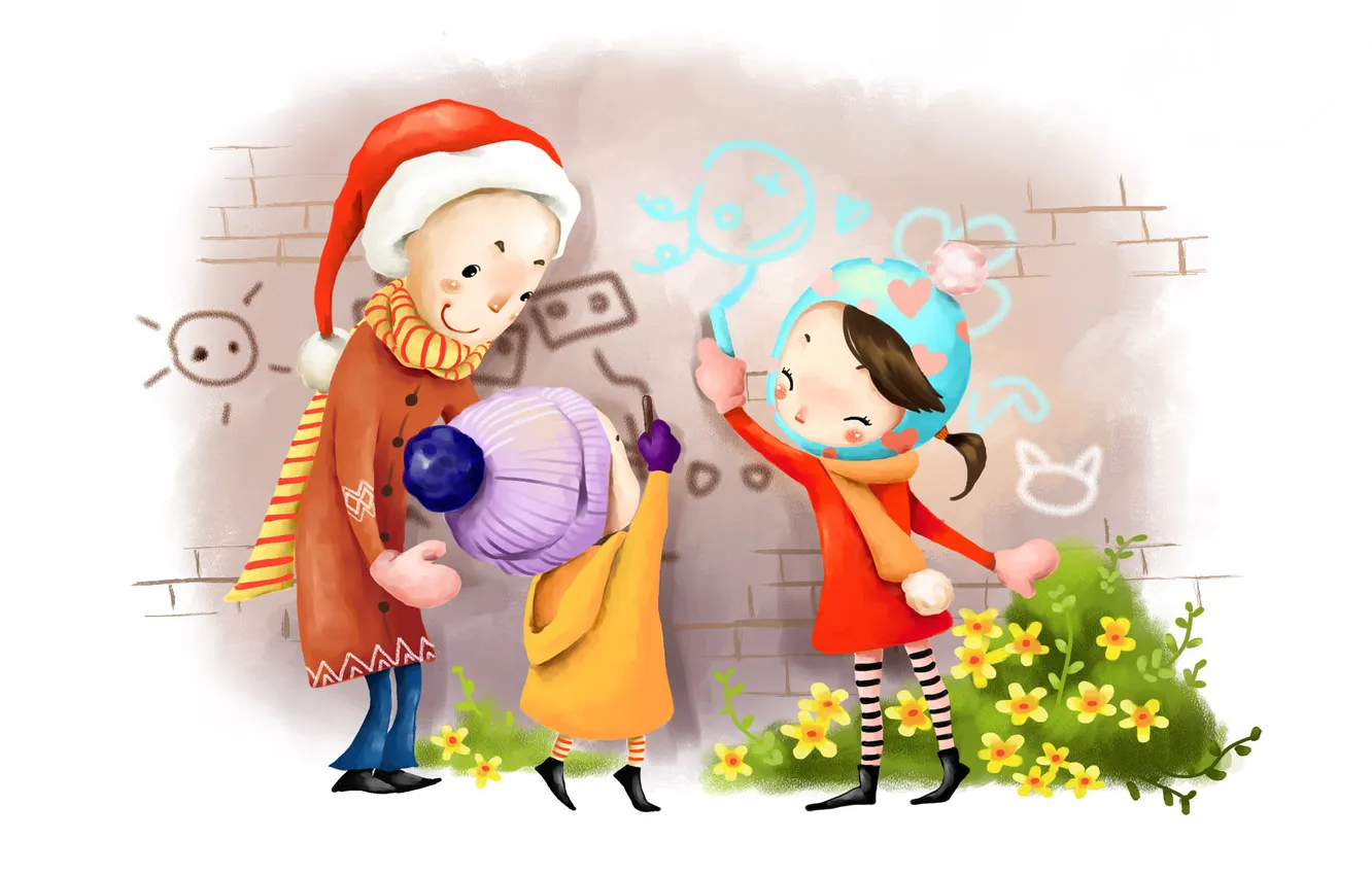 Photo wallpaper flowers, children, smile, figure, drawing