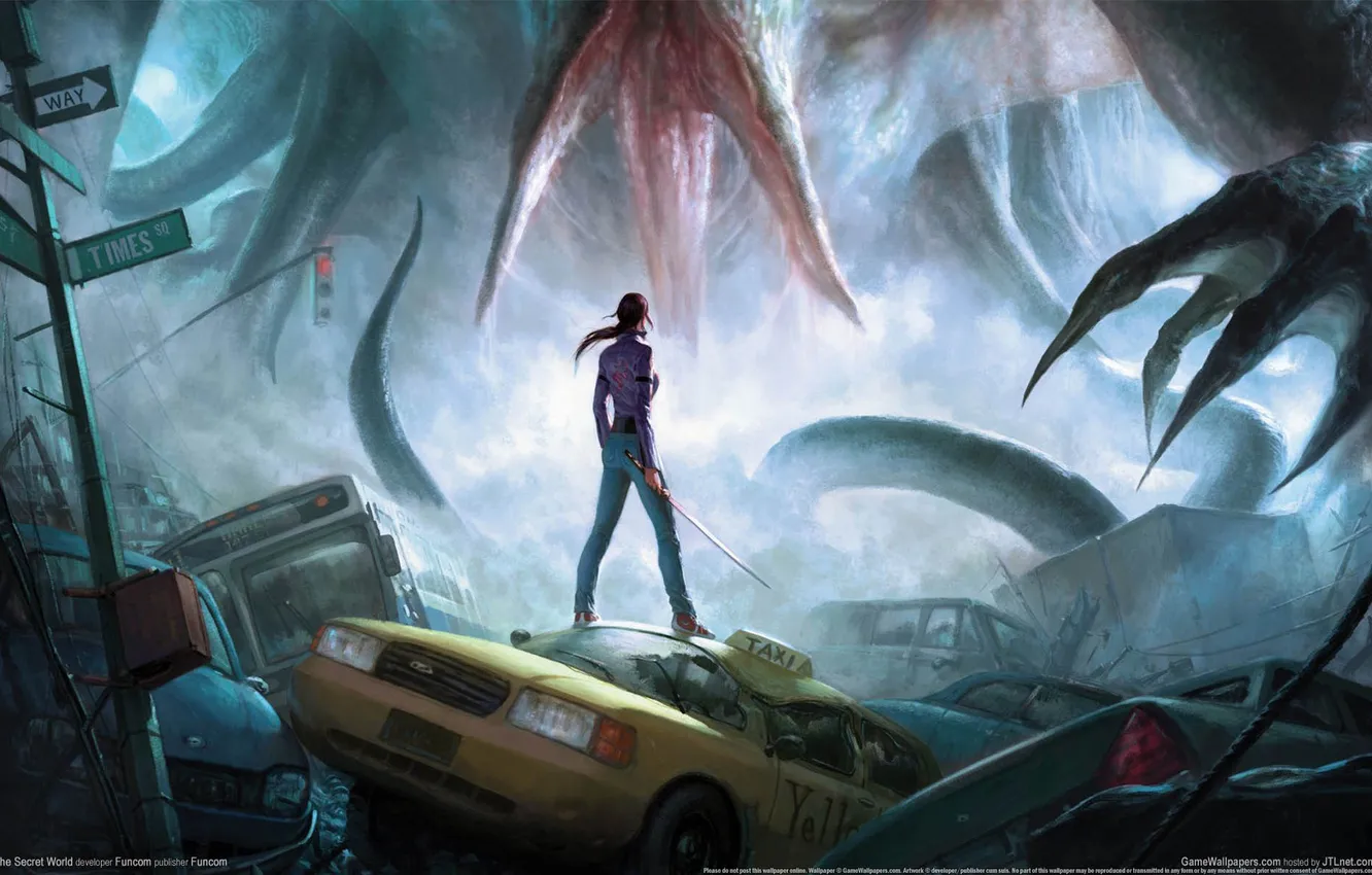 Photo wallpaper machine, girl, monster, sword, tentacles, The Secret World