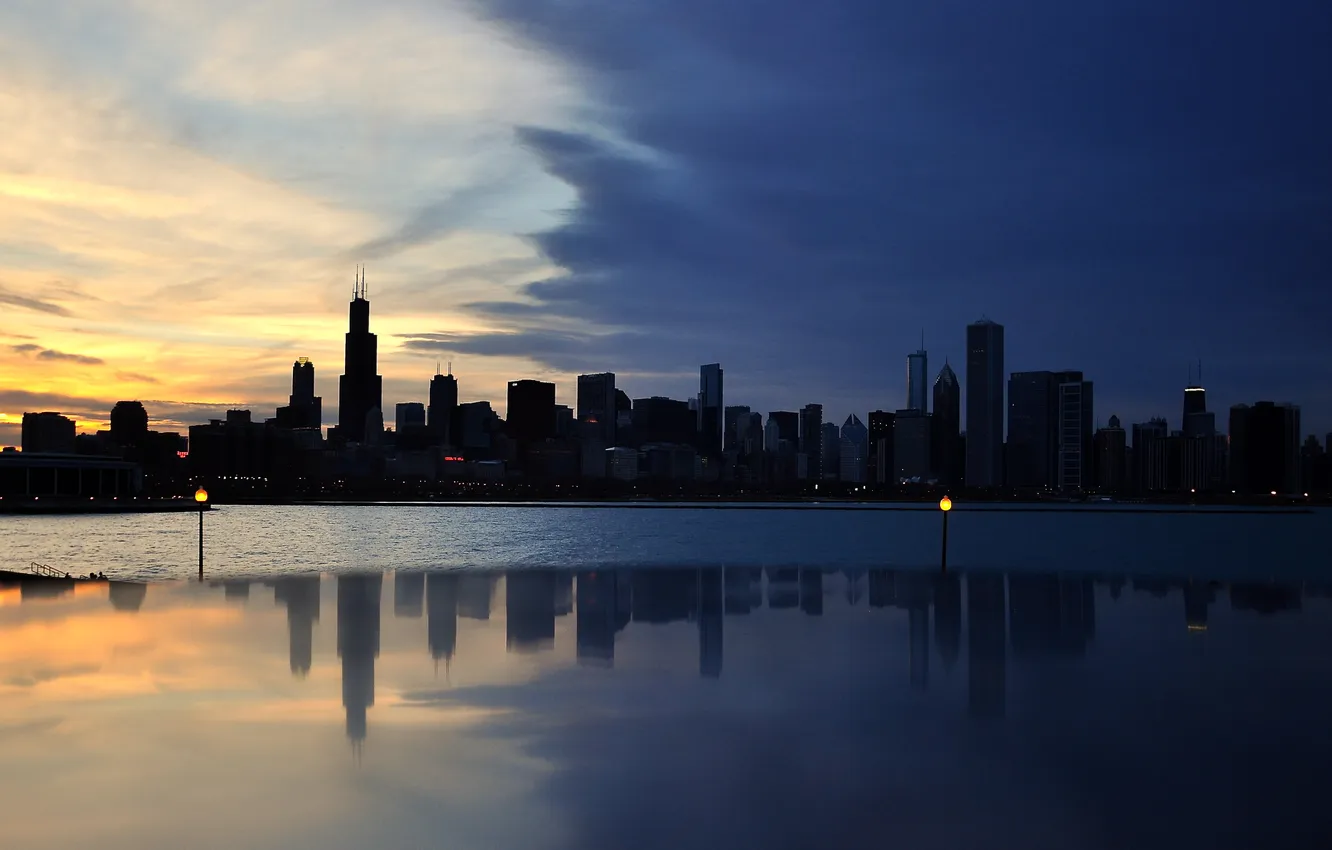 Photo wallpaper city, the city, the evening, USA, Chicago, Illinois, panorama