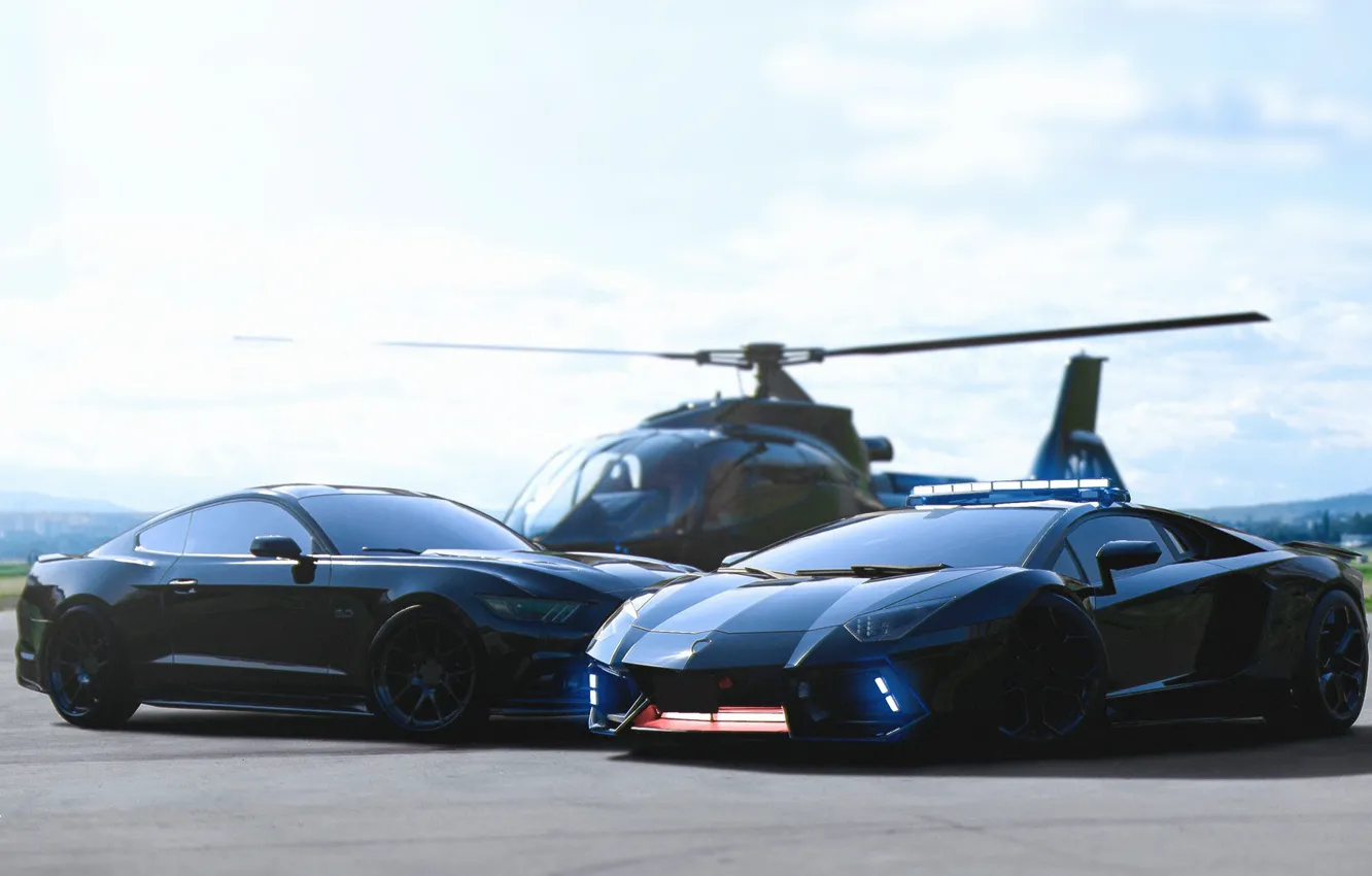 Photo wallpaper machine, auto, rendering, black, Mustang, Ford, Lamborghini, helicopter