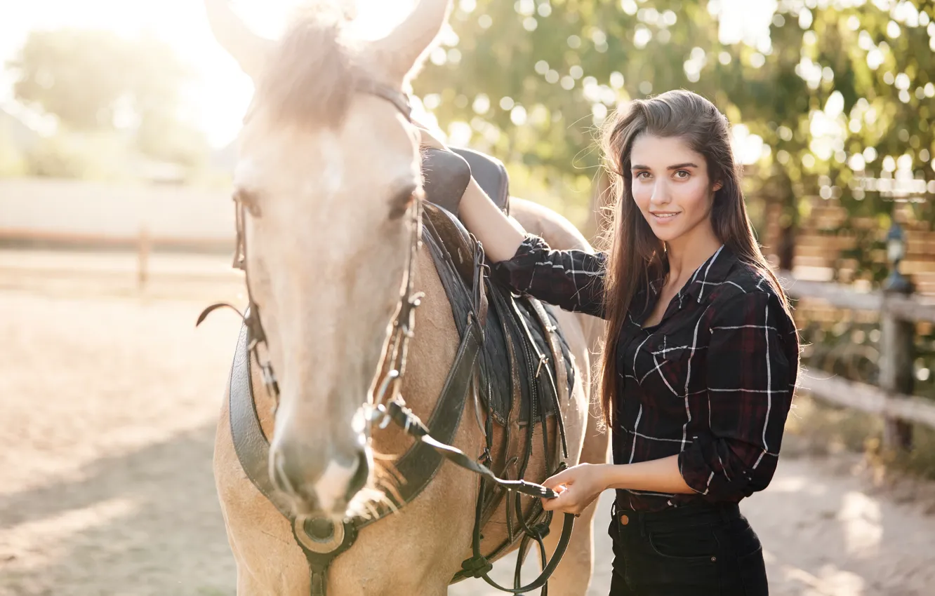 Photo wallpaper look, girl, light, pose, smile, each, horse, foliage