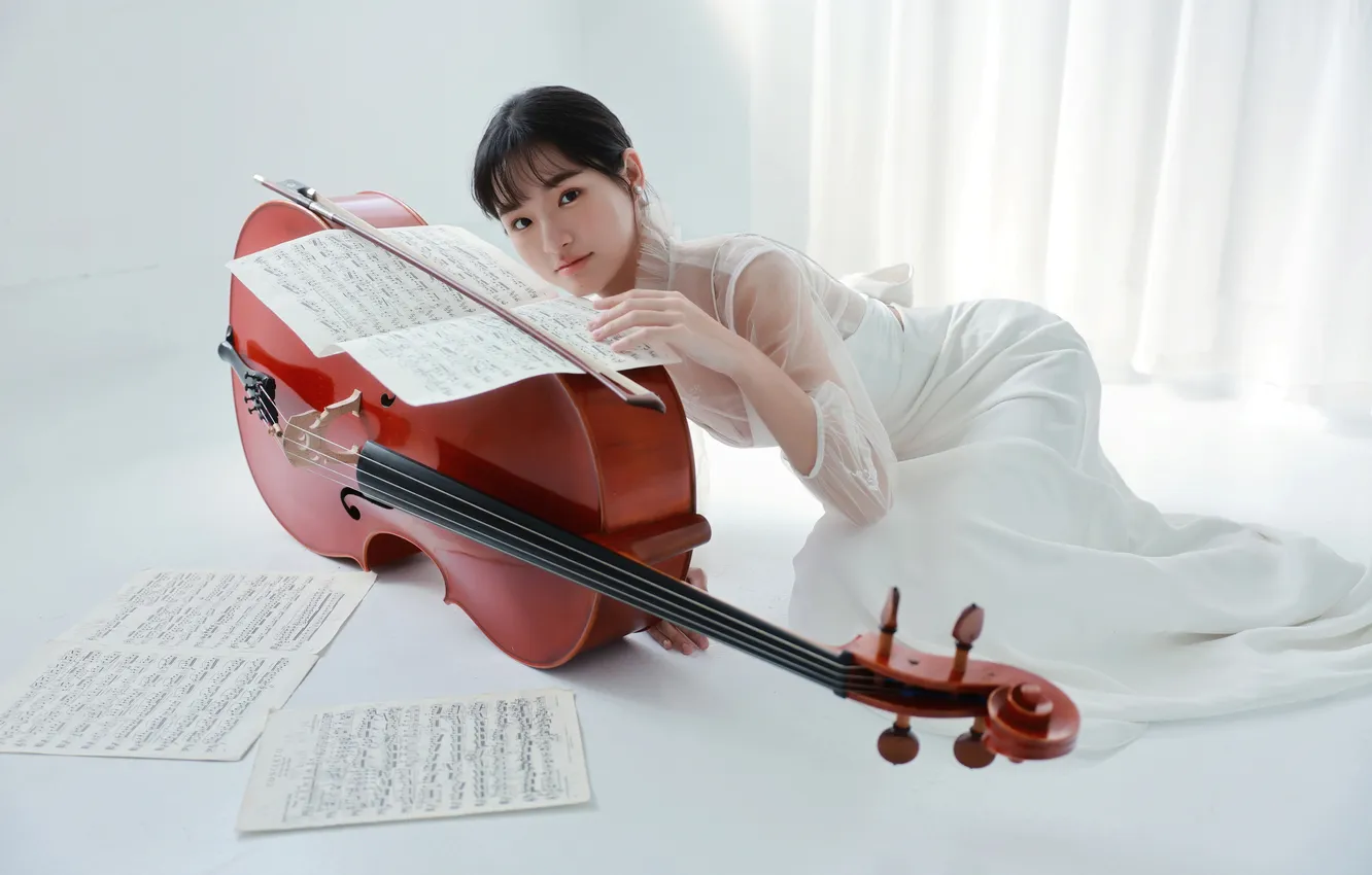 Photo wallpaper girl, notes, cello, Asian