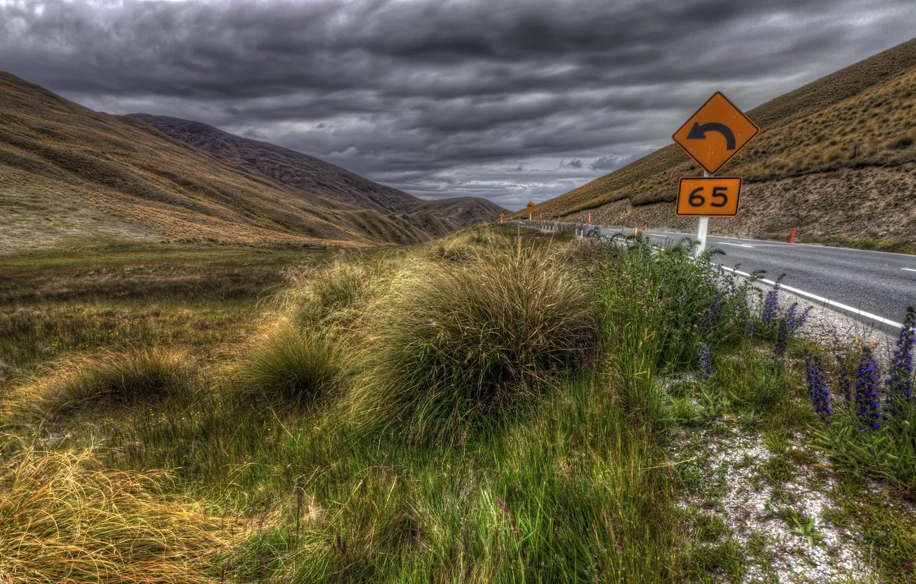 Photo wallpaper road, hills, sign