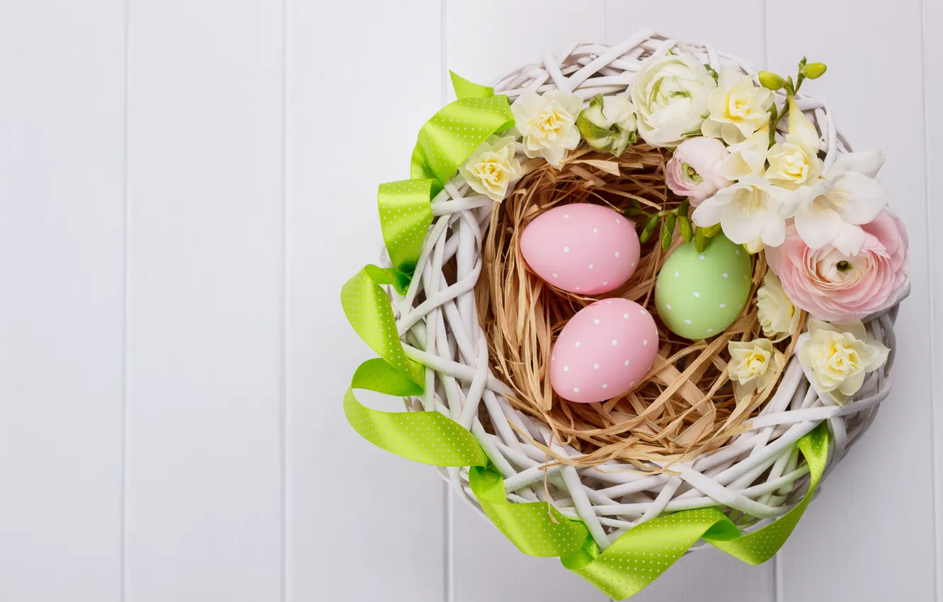 Photo wallpaper flowers, holiday, Easter, basket, wood, Easter, Eggs, Buttercup