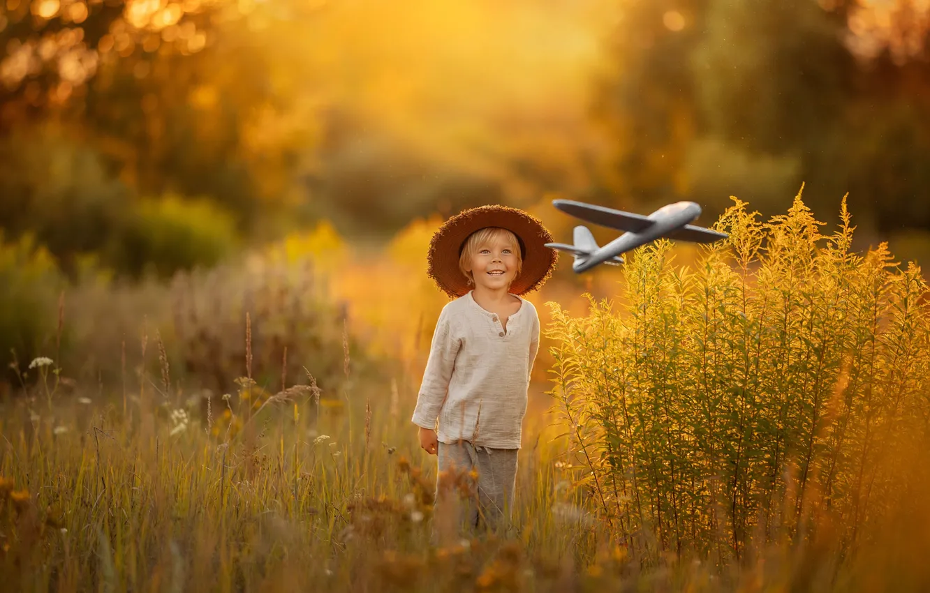Photo wallpaper field, boy, the plane, Elena Chernihiv