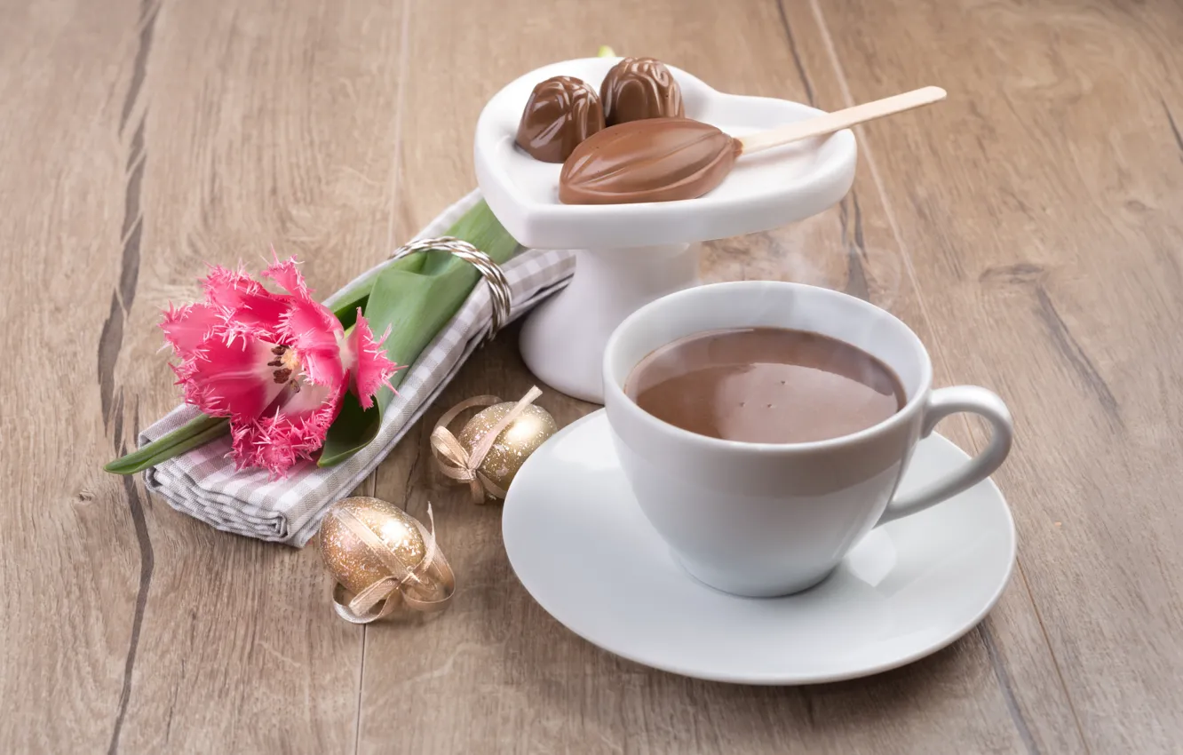 Photo wallpaper flowers, coffee, tulips, flower, sweet, coffee, sweets, tulip