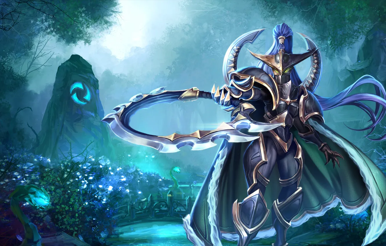 Photo wallpaper World of Warcraft, fantasy, game, Warcraft, armor, green eyes, weapons, digital art