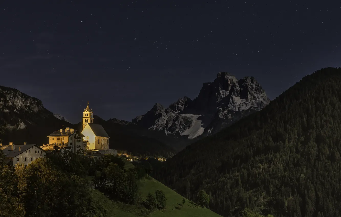 Photo wallpaper forest, landscape, mountains, night, nature, village, lighting, Italy