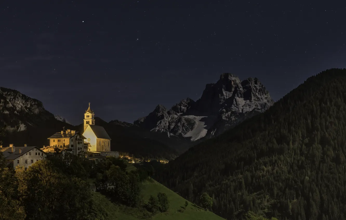 Photo wallpaper landscape, mountains, night, nature, village, lighting, Italy, Church
