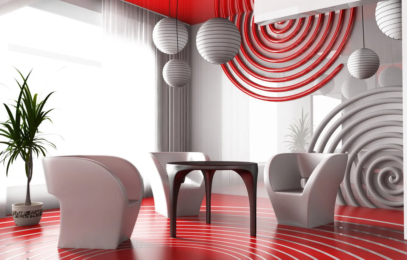 Photo wallpaper Red, interior, chairs, table