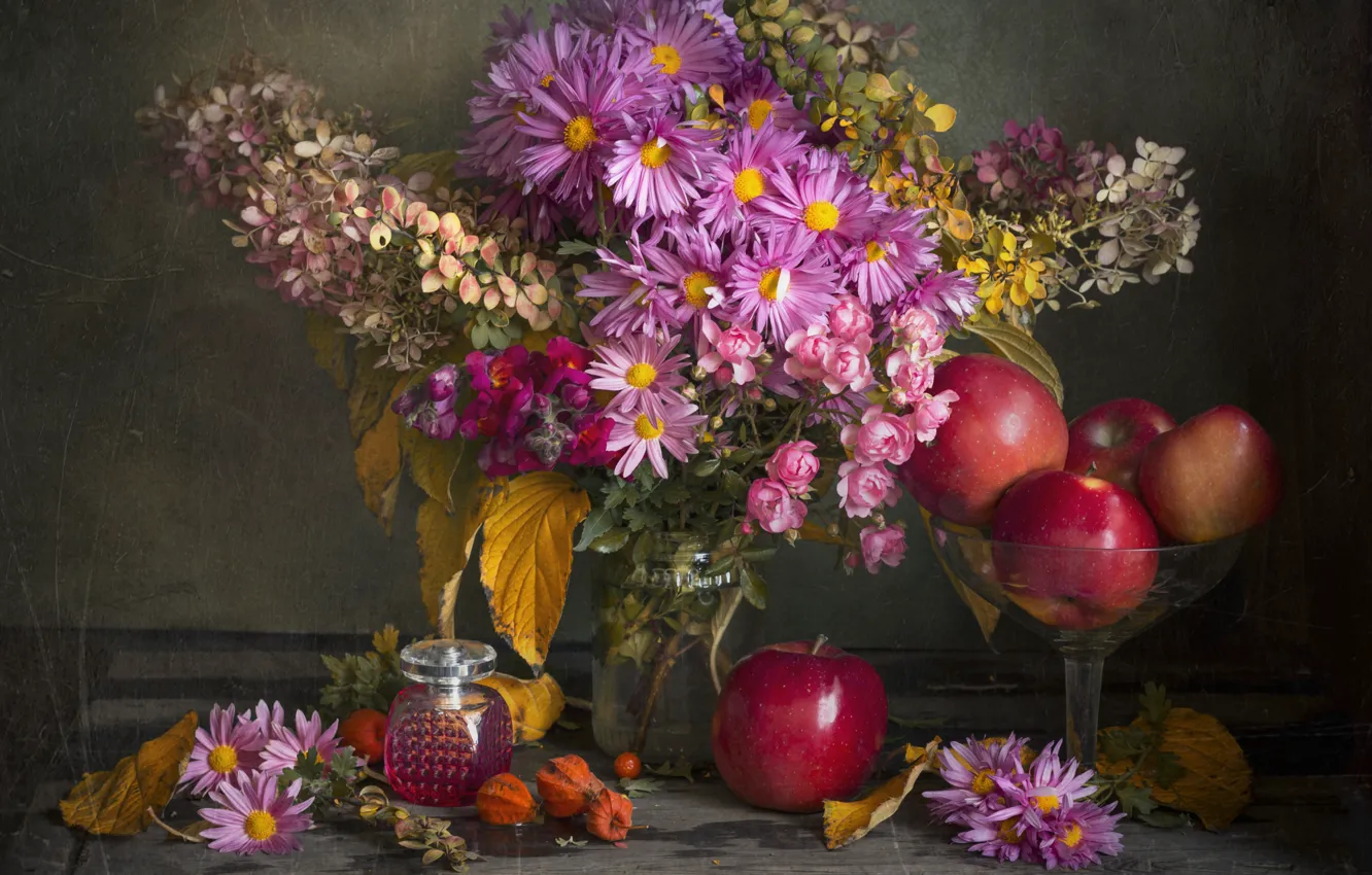Photo wallpaper flowers, apples, perfume, vase, still life, chrysanthemum, hydrangea, Lionella Zimina