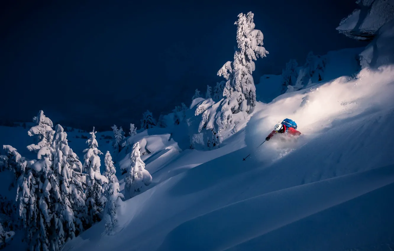 Photo wallpaper winter, snow, the descent, sport, mountain, skier
