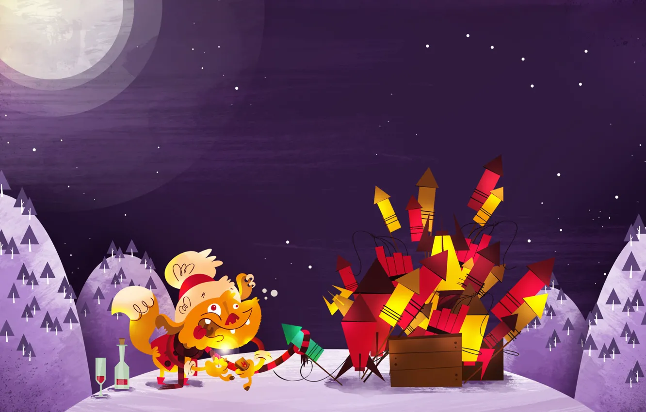 Photo wallpaper new year, rocket, Christmas, Fox, fireworks, Christmas, drunk, New Year