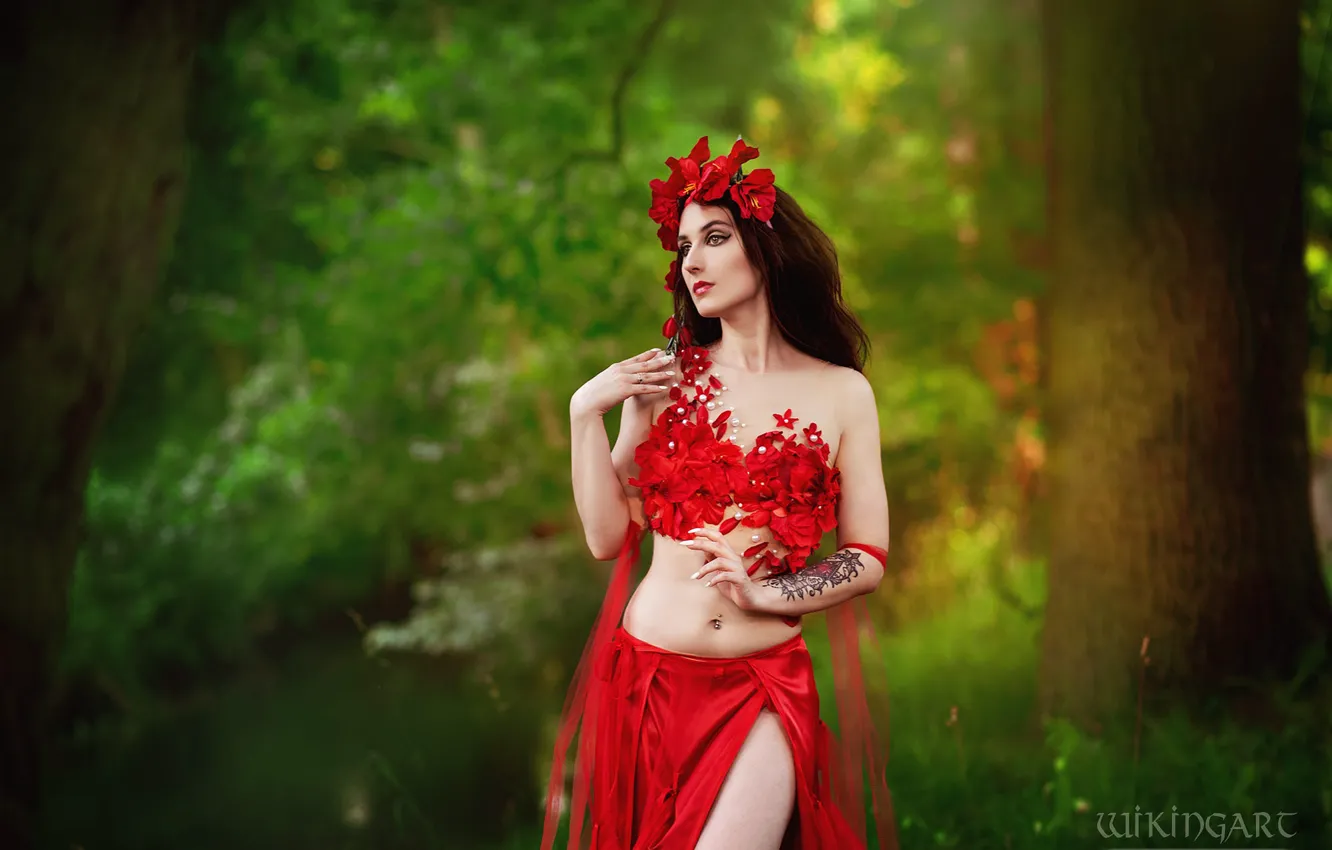Photo wallpaper girl, decoration, trees, flowers, nature, style, shore, skirt