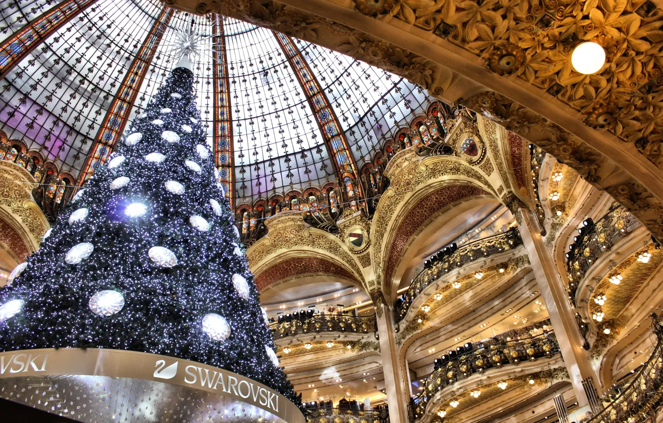 Photo wallpaper France, Paris, New year, Christmas tree, Galeries Lafayette, Swarovski