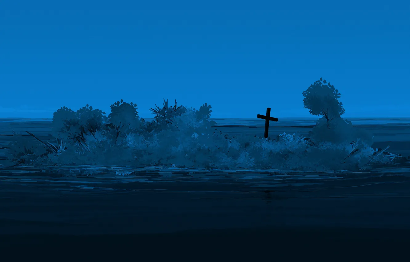Photo wallpaper water, island, cross, twilight