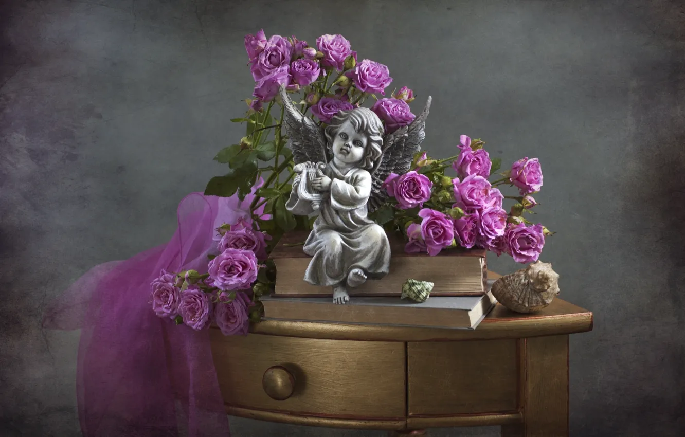 Photo wallpaper table, roses, angel, figurine, shell