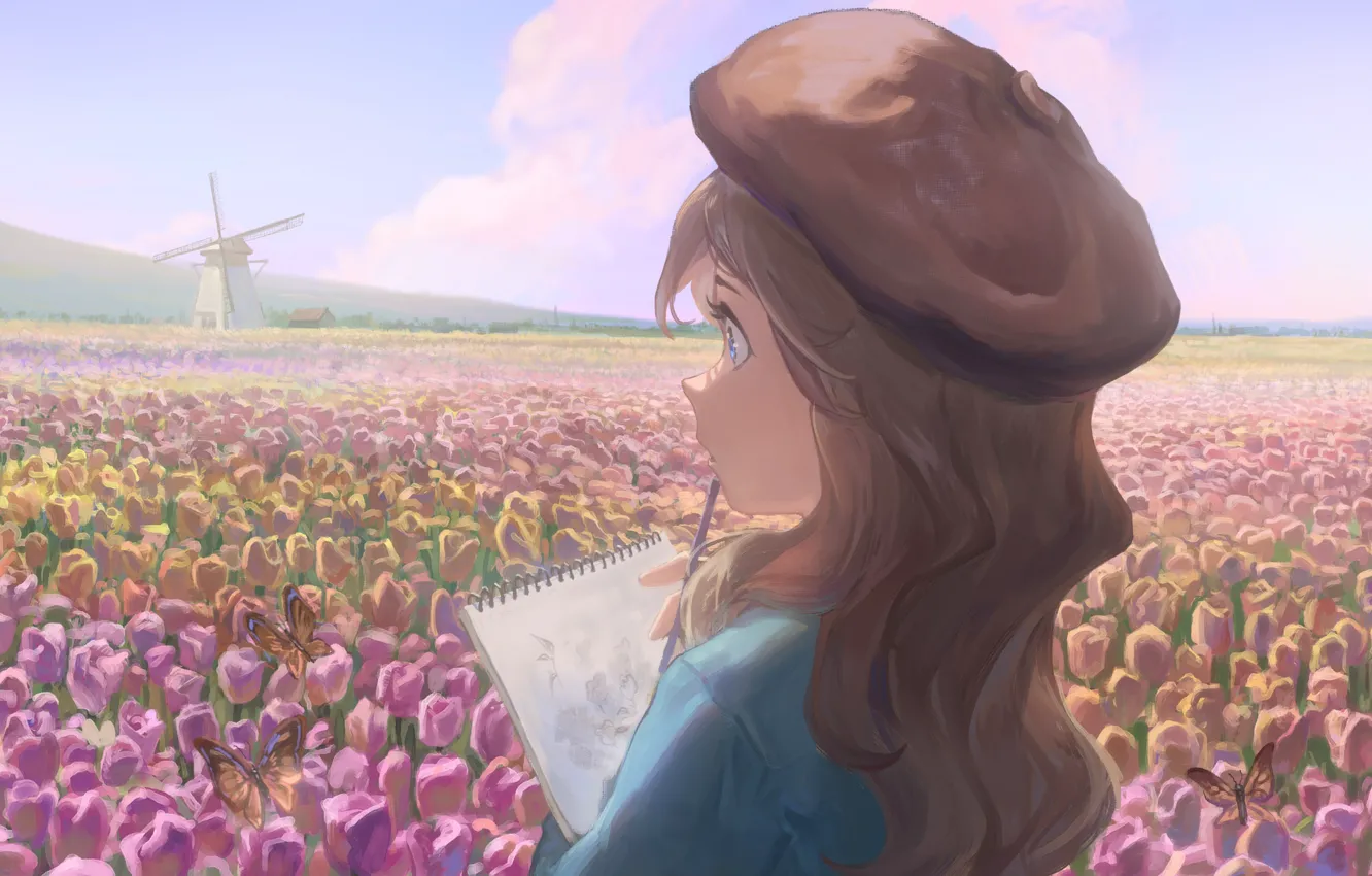 Photo wallpaper girl, mill, tulips, Notepad, sishenfan