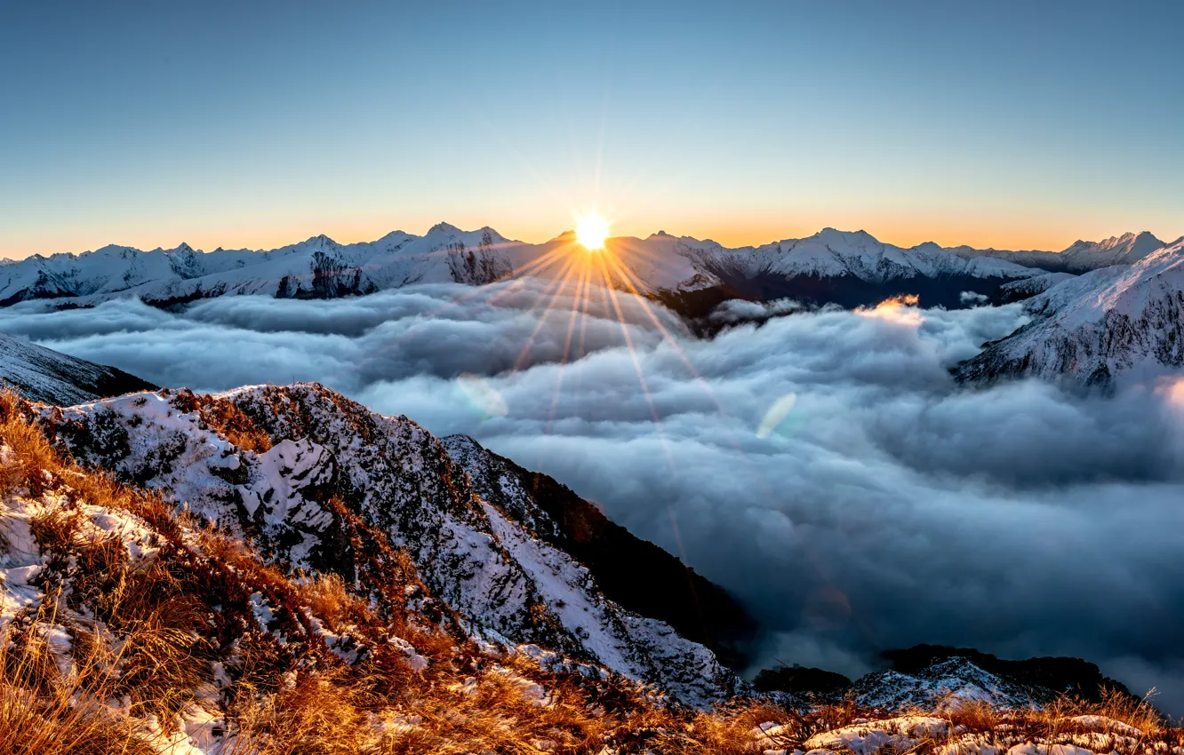 Photo wallpaper sky, clouds, snow, morning, sun, peaks