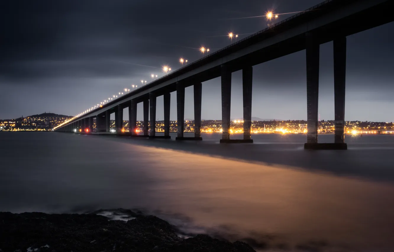 Photo wallpaper river, night, Dundee, Tay Road Bridge