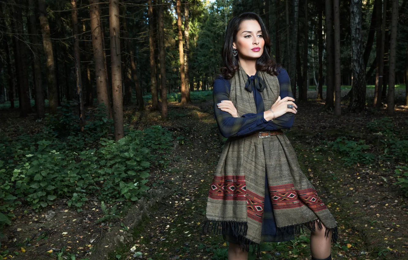 Photo wallpaper forest, girl, trees, face, earrings, scarf, brunette, girl