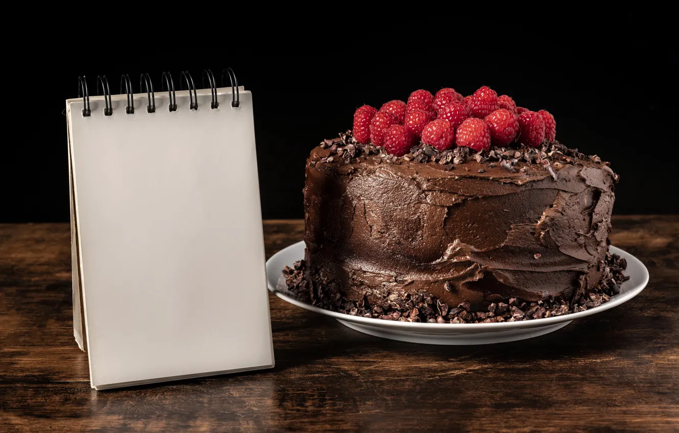 Photo wallpaper berries, raspberry, table, Board, plate, pie, cake, Notepad