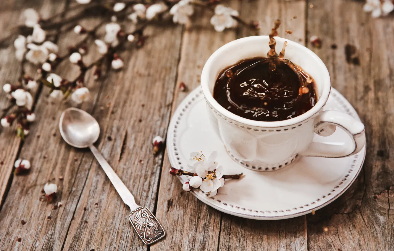 Photo wallpaper flowers, branches, coffee, Easter, Cup, wood, flowers, spring