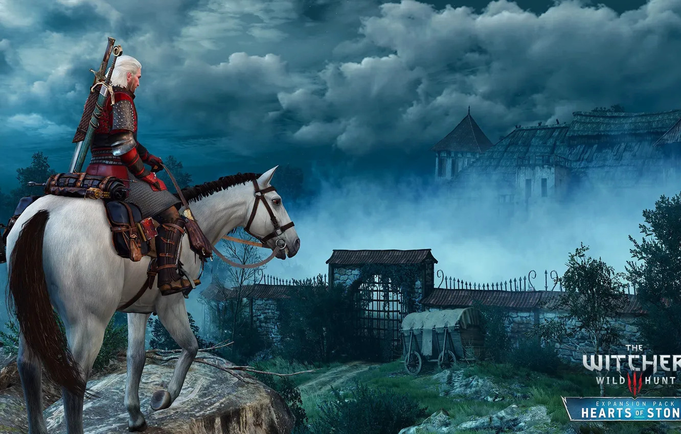 Photo wallpaper fog, horse, the Witcher, Geralt, DLC, The Witcher 3: Wild Hunt, Supplement, The Witcher 3: …