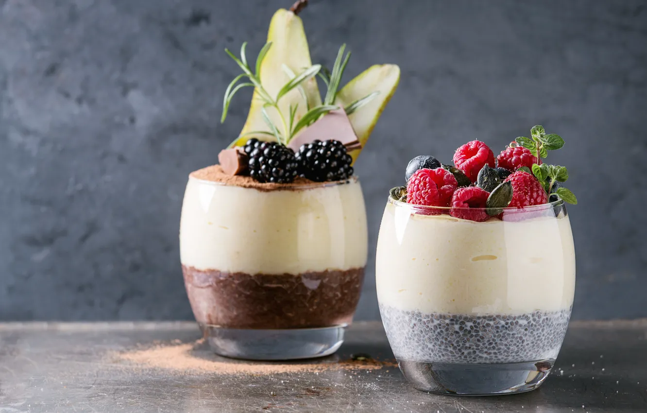 Photo wallpaper raspberry, Breakfast, blueberries, mint, dessert, BlackBerry, rice, yogurt