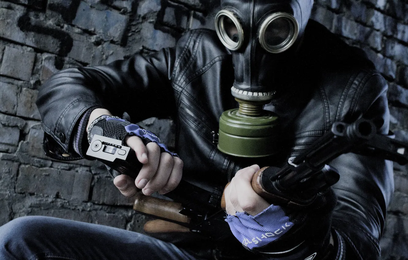 Photo wallpaper weapons, brick, jacket, gas mask, shop, clip, filter, AK 74