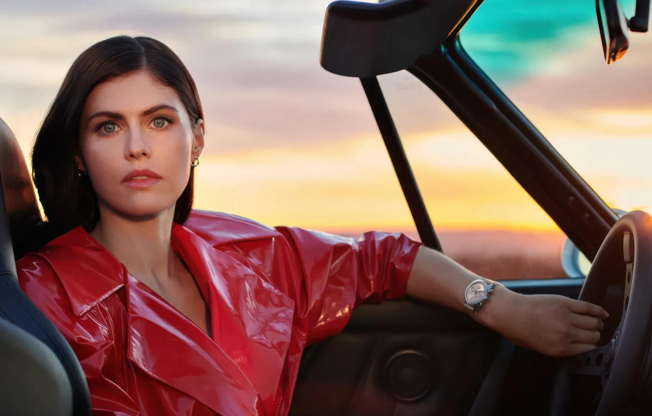 Photo wallpaper portrait, actress, brunette, car, photoshoot, Alexandra Daddario, Alexandra Daddario