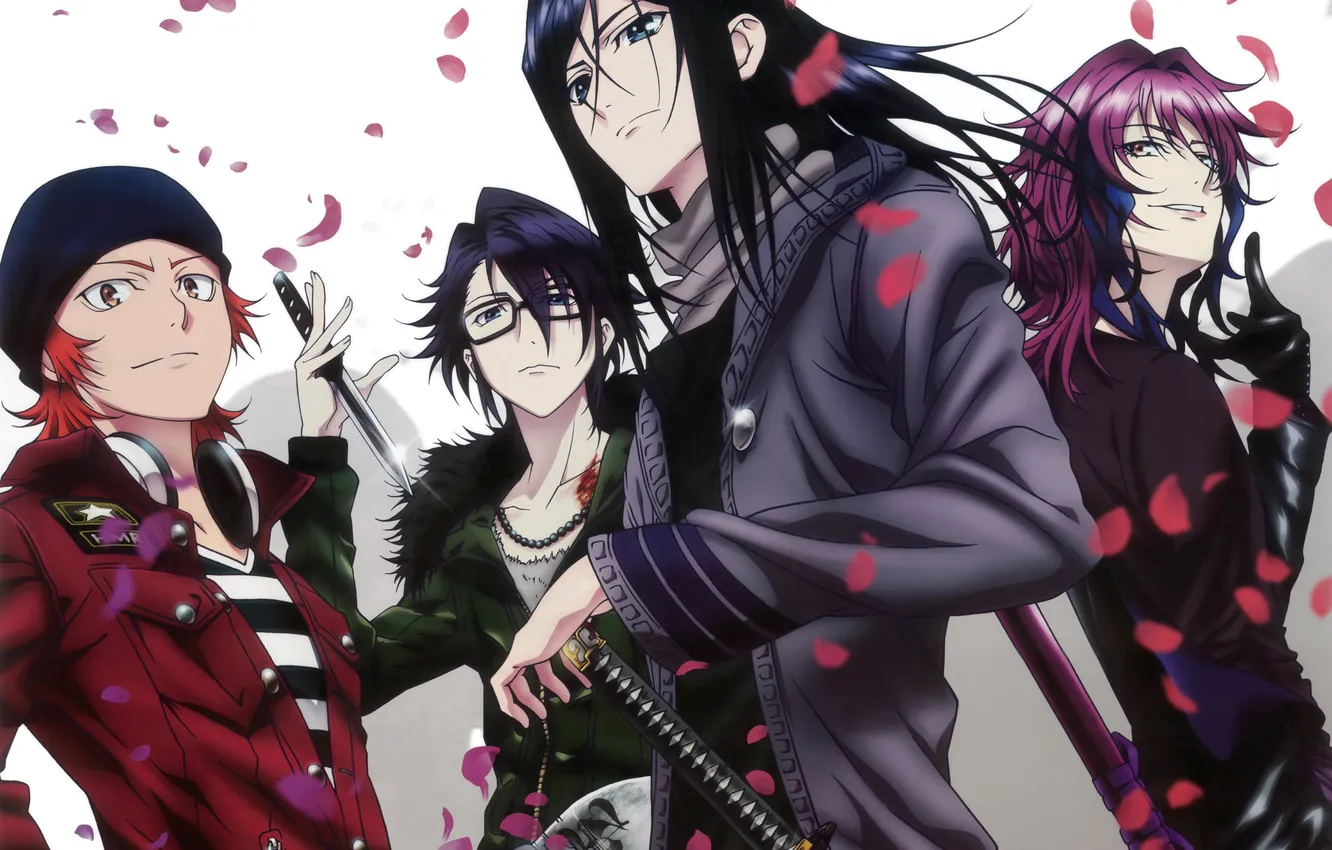 Photo wallpaper weapons, katana, anime, petals, art, guy, Yata Misaki, Munakata Thigh