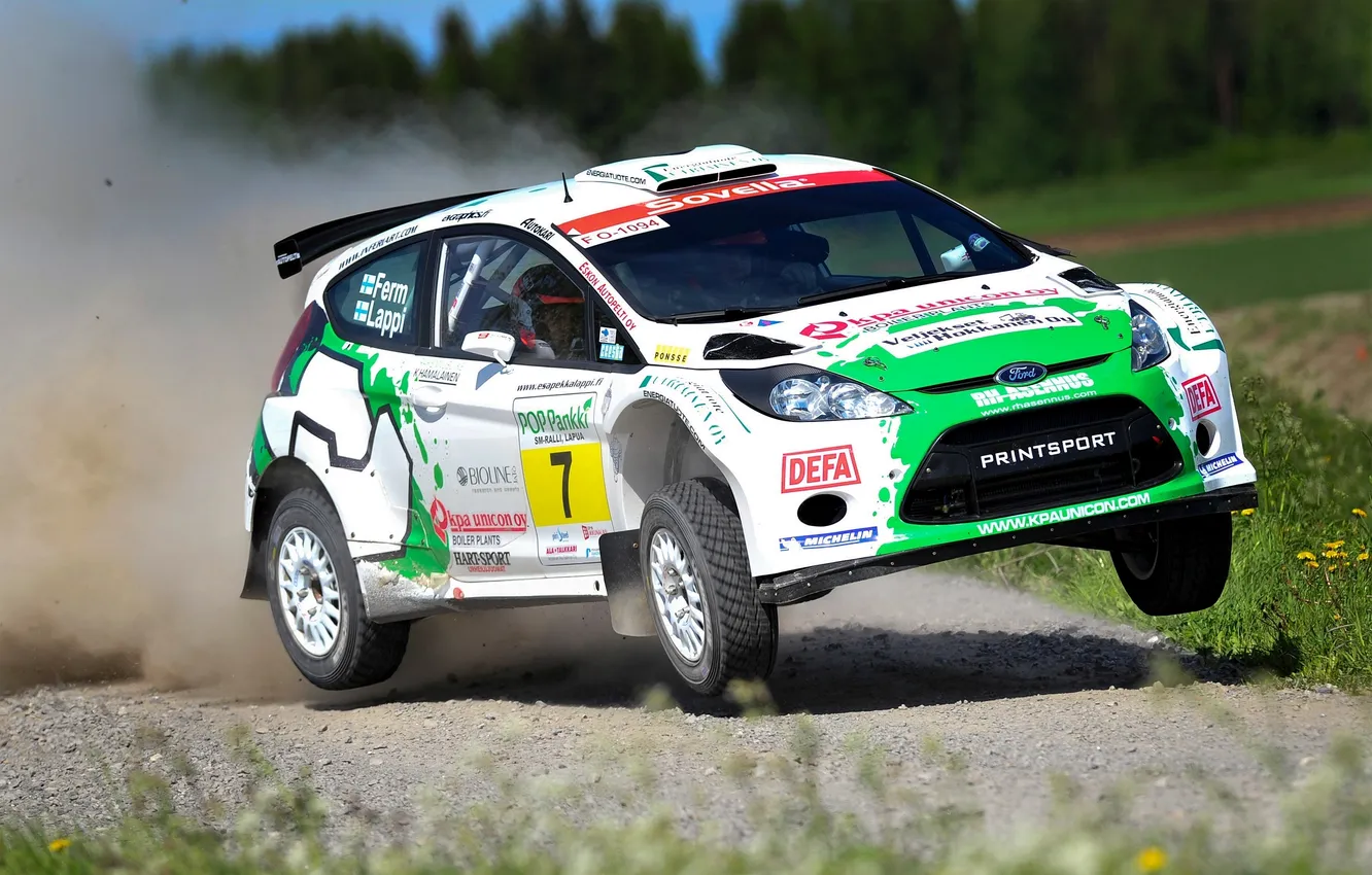 Photo wallpaper machine, white, speed, Ford, dust, Rally, Fiesta, Flies