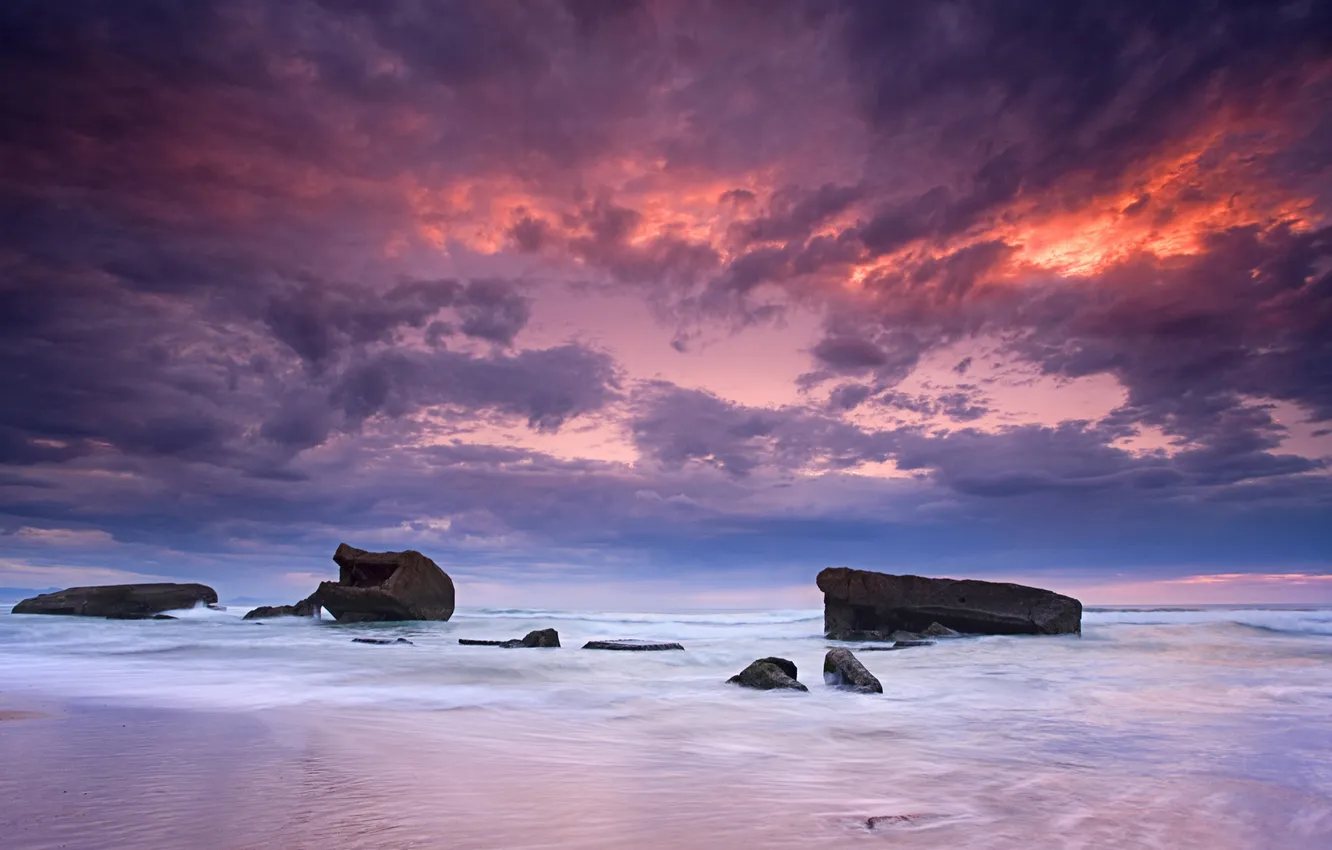 Photo wallpaper sea, the sky, clouds, sunset, stones