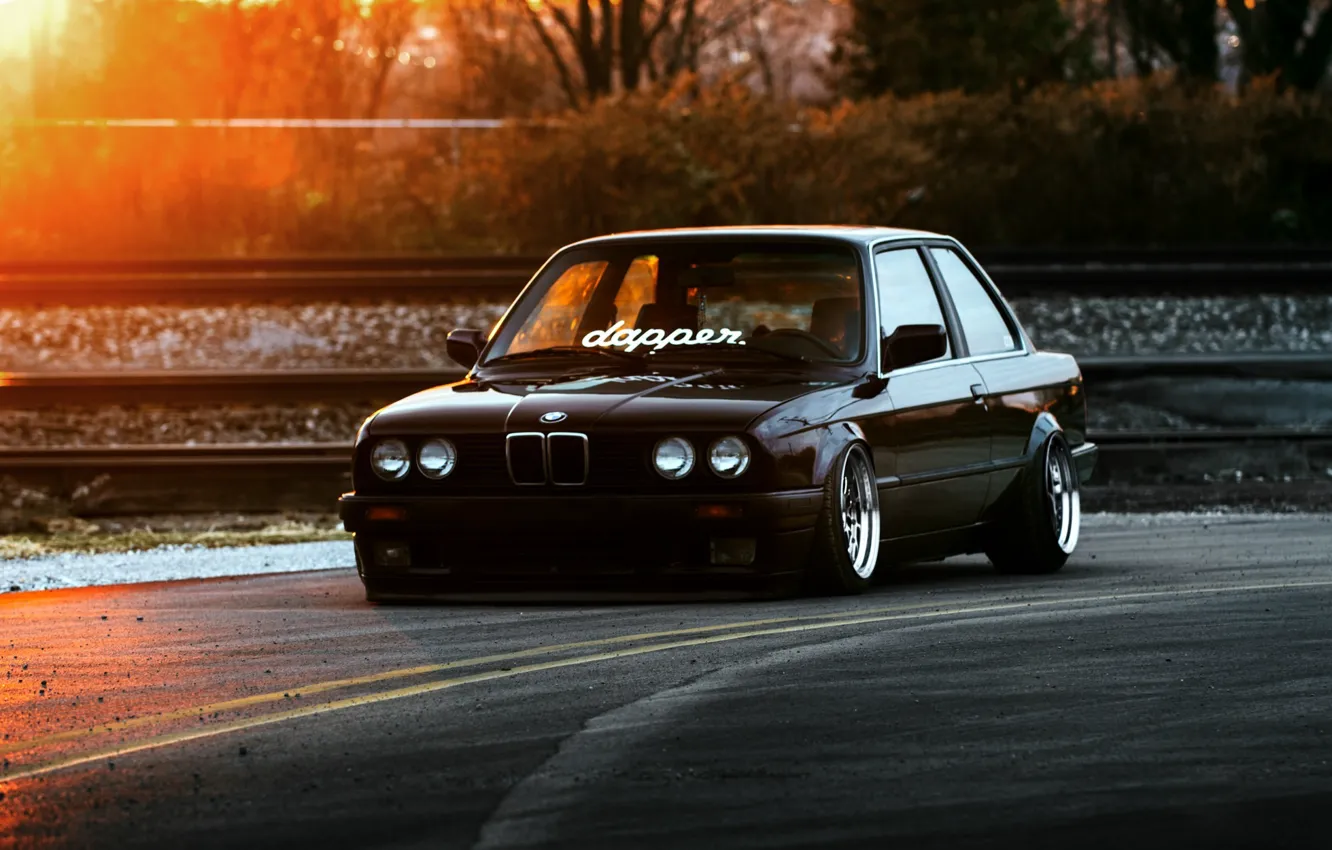 Photo wallpaper BMW, Car, Front, Black, Sun, E30, Stance, Dapper
