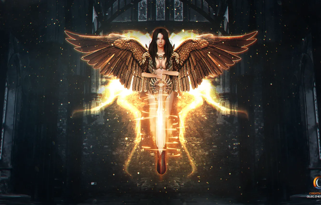 Photo wallpaper girl, fantasy, weapons, wings, angel, sword, brunette, CGOz