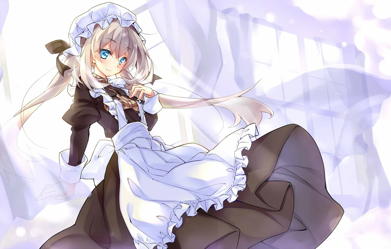 Photo wallpaper the wind, window, curtains, cap, long hair, uniform, the maid, apron