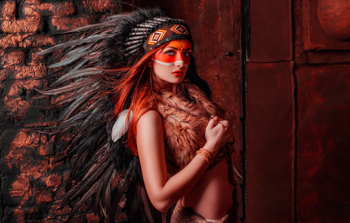 Photo wallpaper feathers, makeup, makeup, headdress, war paint