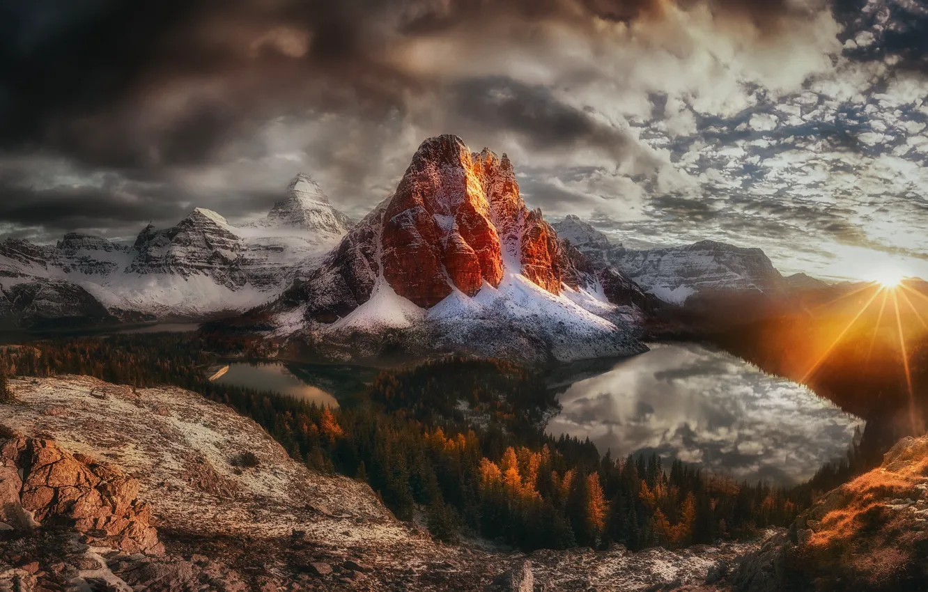 Photo wallpaper autumn, the sun, clouds, light, mountains, clouds, rocks, the darkness