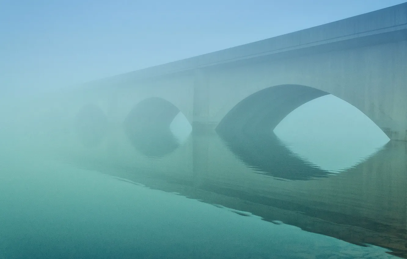 Photo wallpaper bridge, fog, river, England, arch, hop