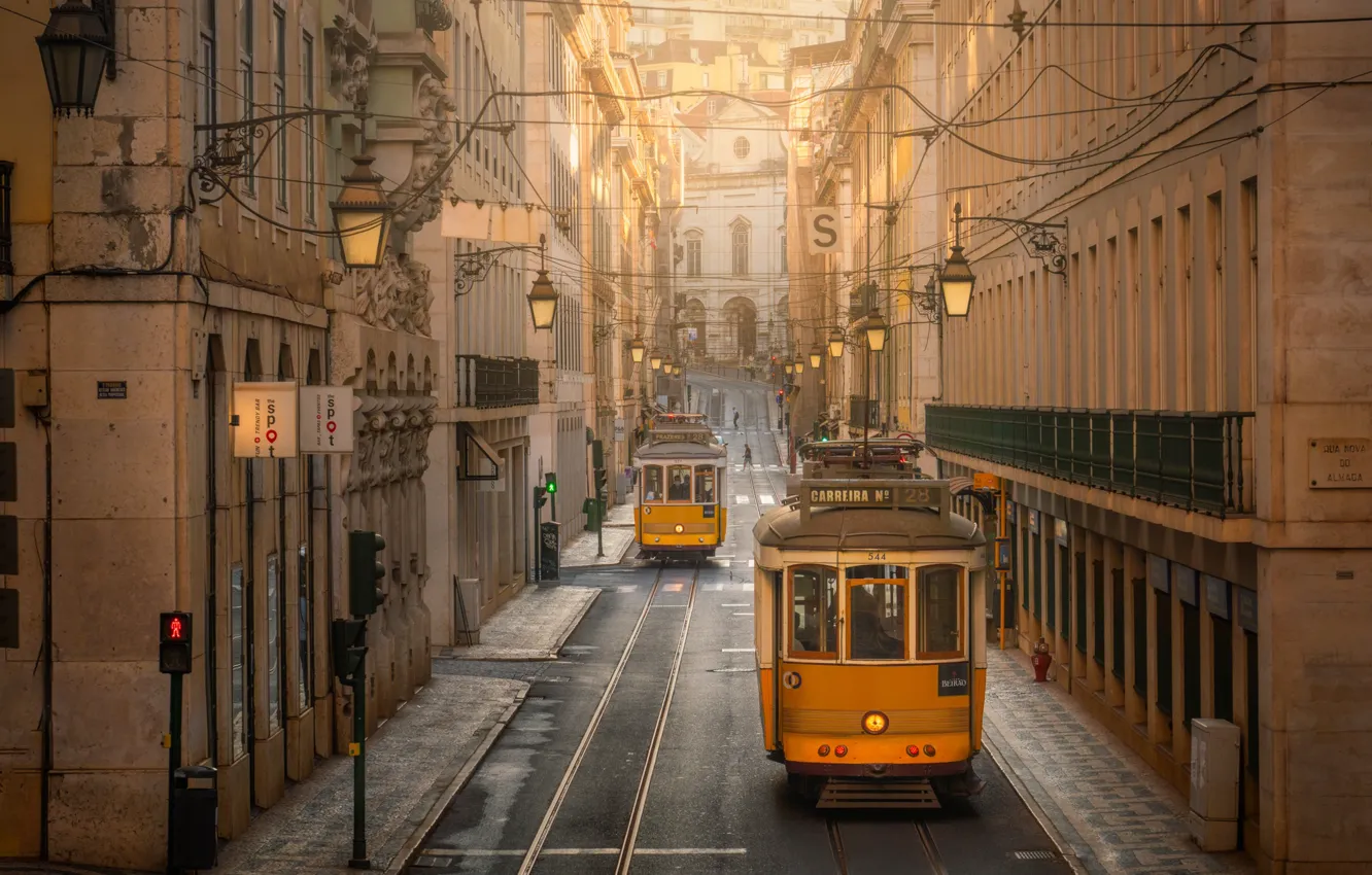 Photo wallpaper street, building, home, lights, tram, Portugal, Lisbon, Portugal