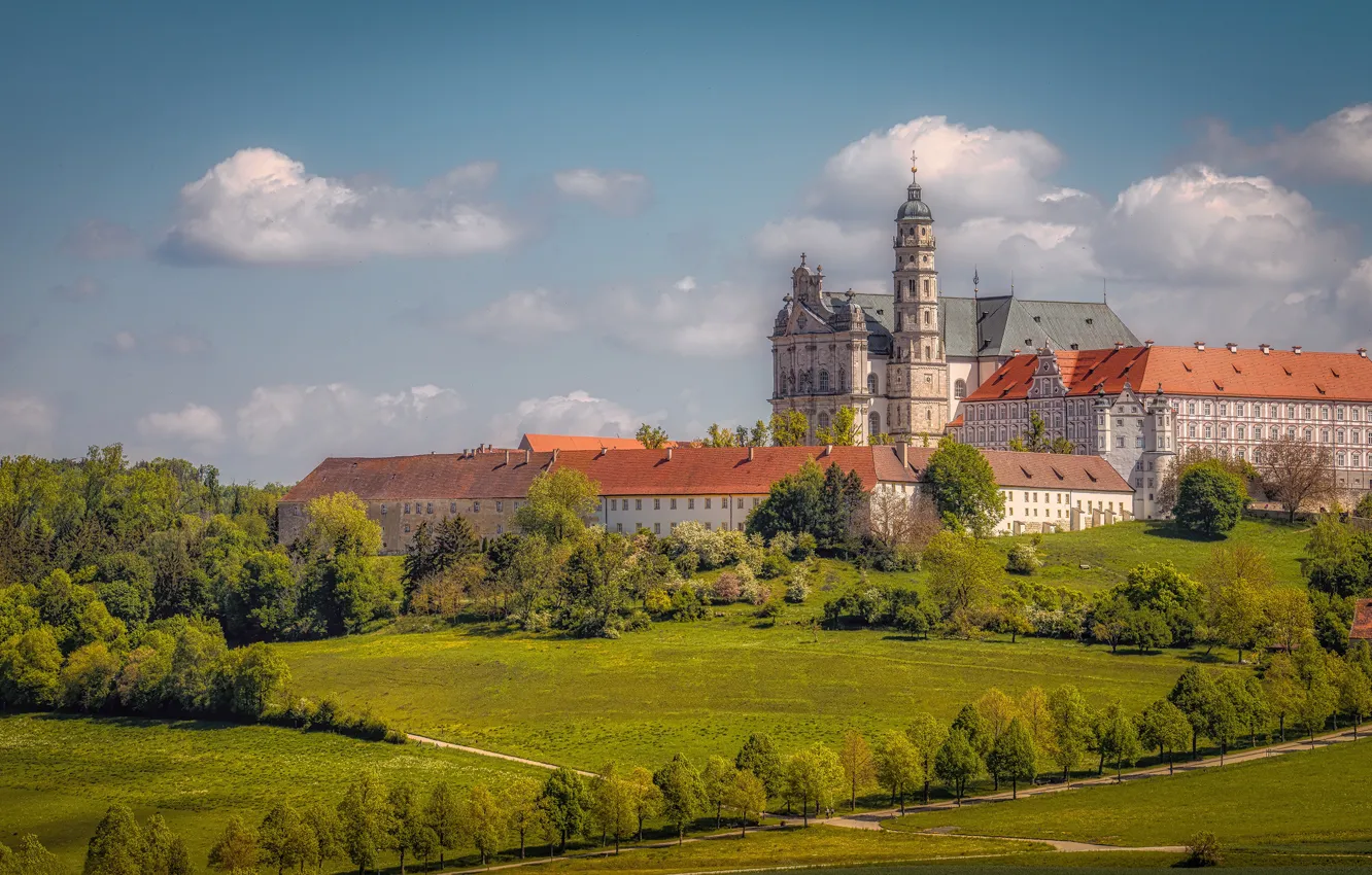 Photo wallpaper trees, Germany, Church, the monastery, Germany, meadows, Baden-Württemberg, Baden-Württemberg