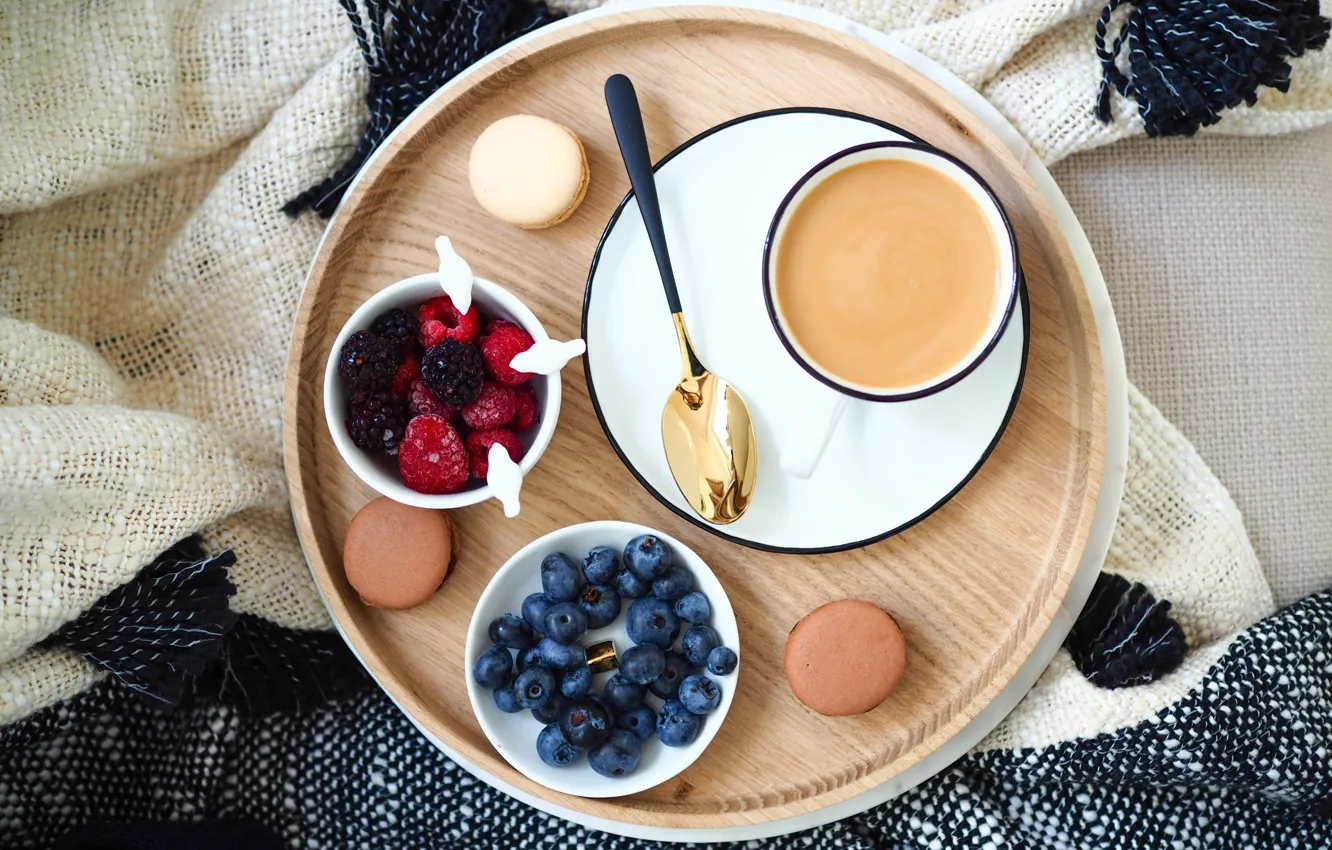 Photo wallpaper berries, coffee, Breakfast, tray, macaron