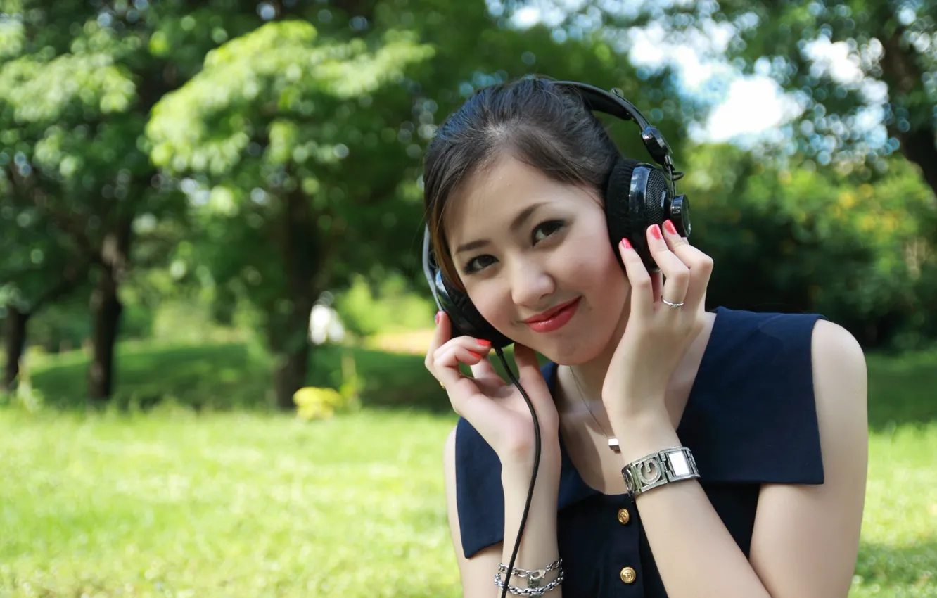 Photo wallpaper summer, trees, smile, Park, glade, positive, headphones, summer